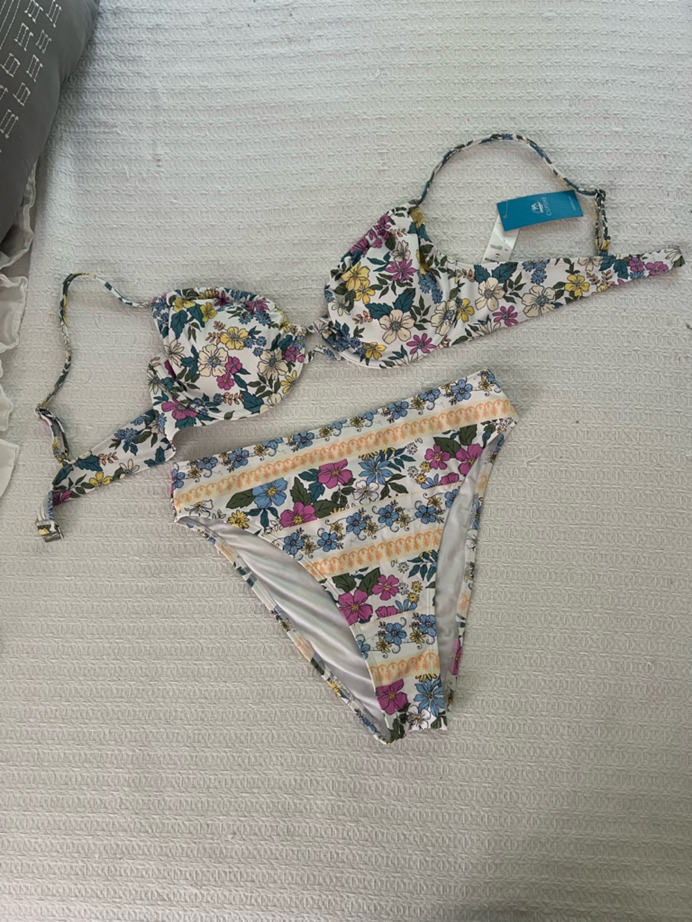 Luli Fama Floral Tie-Back Bikini — White with Pink, Yellow & Blue Flowers